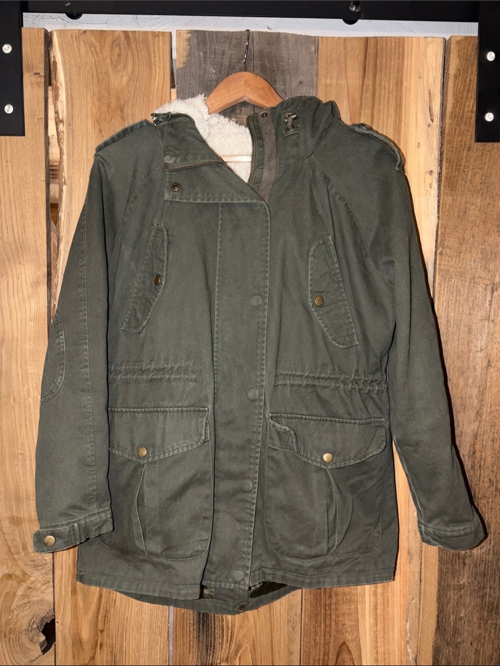 Chocolate Olive Green Bomber Jacket with Sherpa Lining